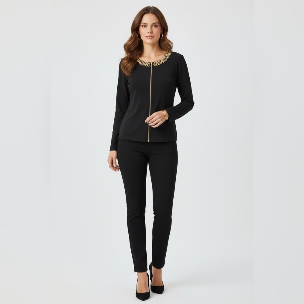 MSK Black Gold Chain Zip Front Top Size L